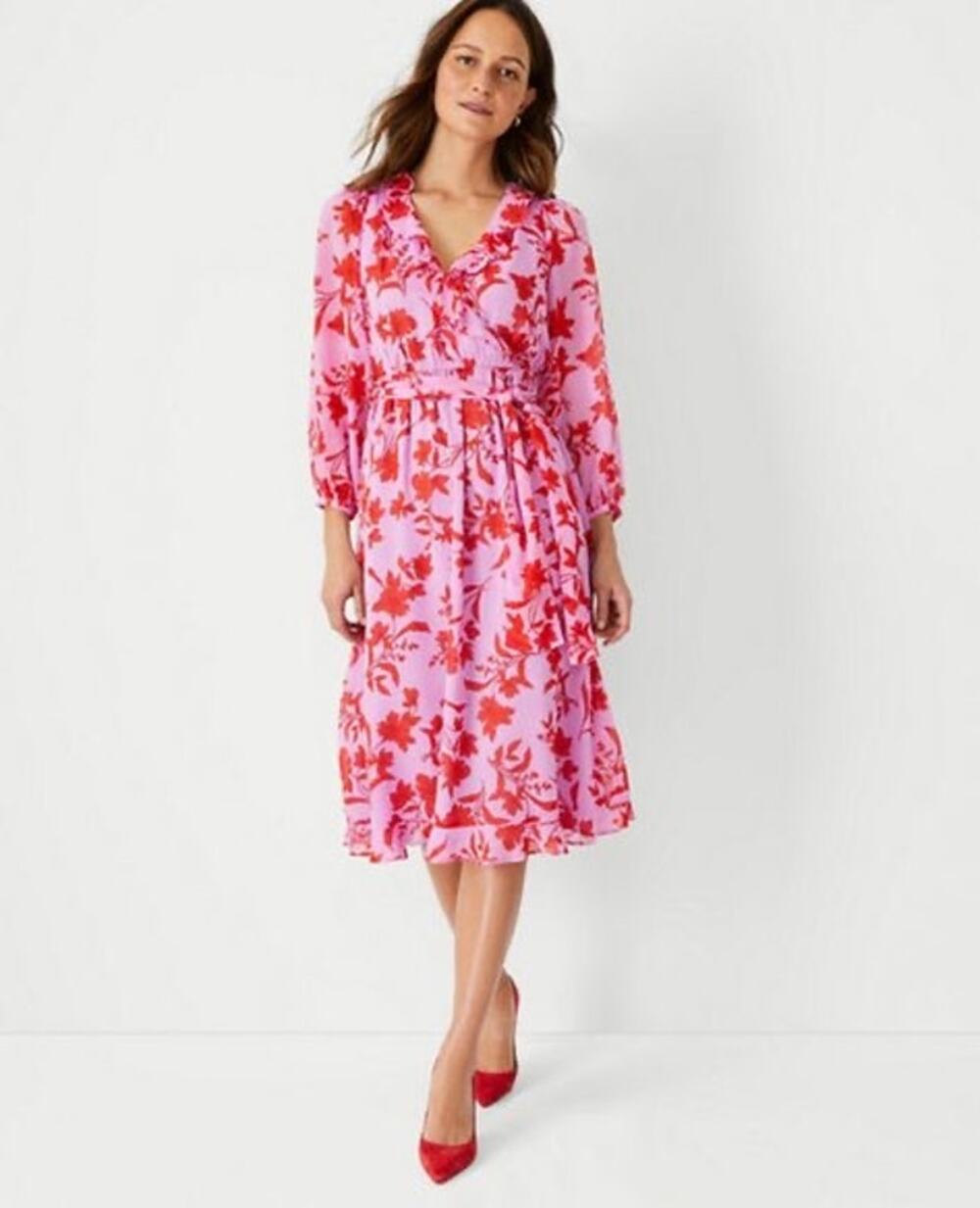 Ann Taylor Floral Ruffle Faux Wrap Dress Wize 4P Petite Pink Multi